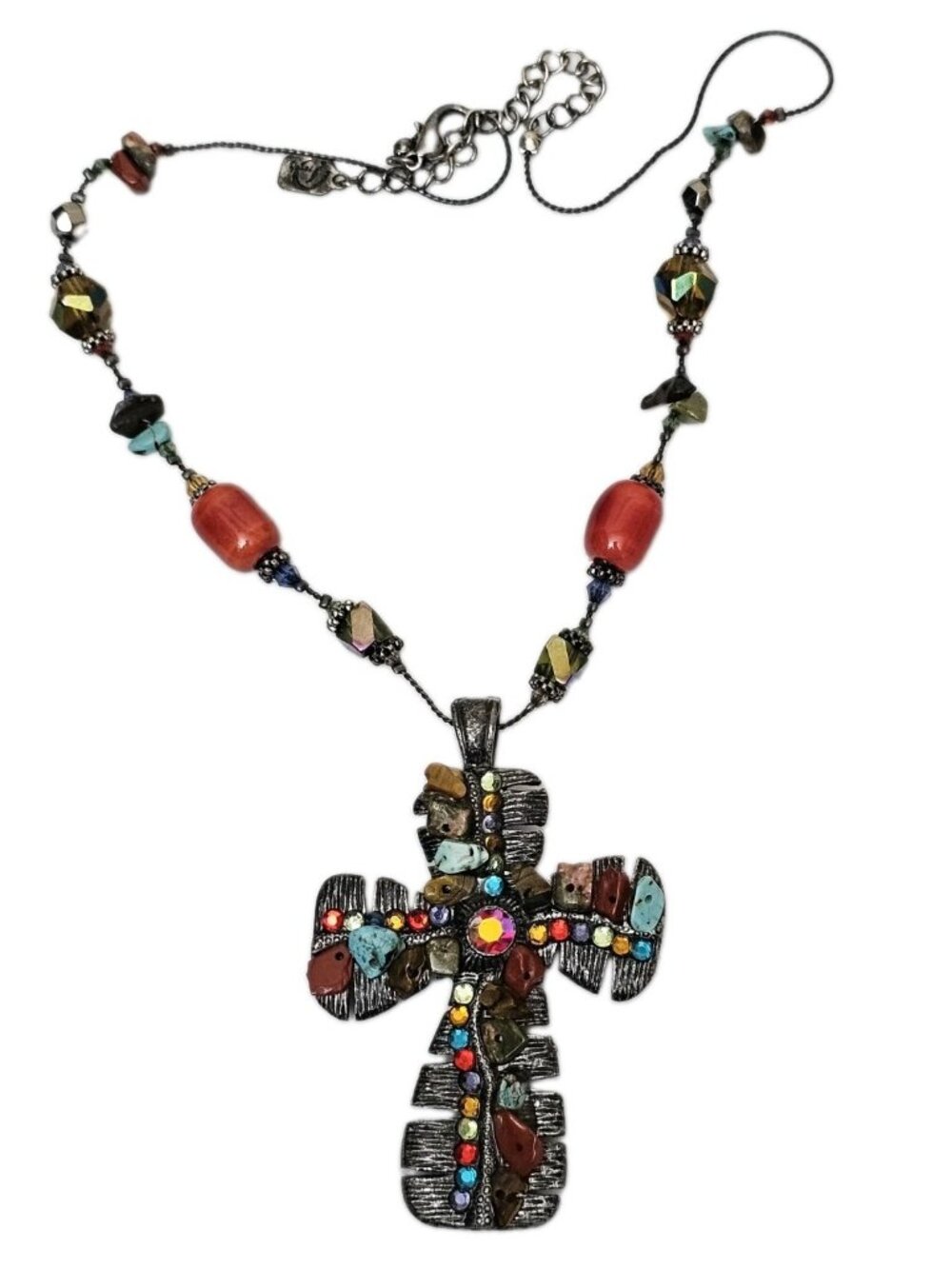 Yousi Boho Cross Pendant Necklace Multicolor Rhinestone Stone Beaded Statement